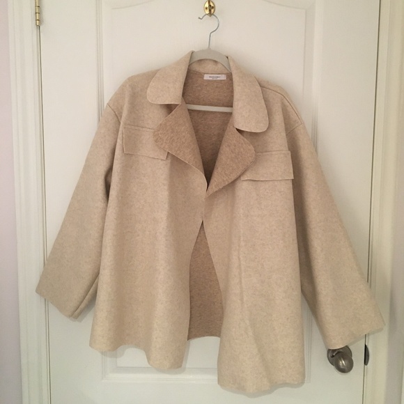 Coat: Women's Light Beige Oatmeal Wool Look Felt Belted Coat Jacket - Picture 4 of 12